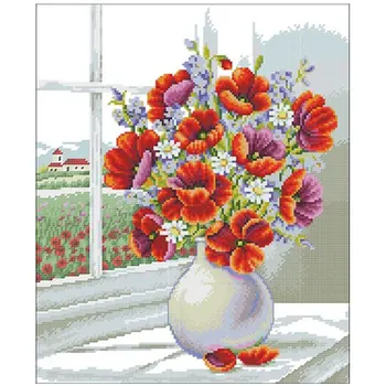 

Poppy vase by the window patterns Counted Cross Stitch 11CT 14CT 18CT DIYChinese Cross Stitch Kit Embroidery Needlework Sets
