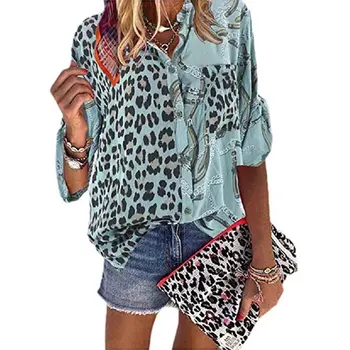 

Spring Women Blouse Adult Casual Stand Up Collar Tunic Tops Splice Leopard Print Daily Elegant Loose Long Sleeve Fashion Button