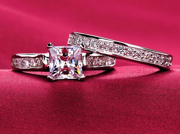 

Double Cool Special Exquisite Design Sliver plated Copper Cubic Zirconia Zircon Wedding Rings Steel Bridal Set Prong Geometric Woman