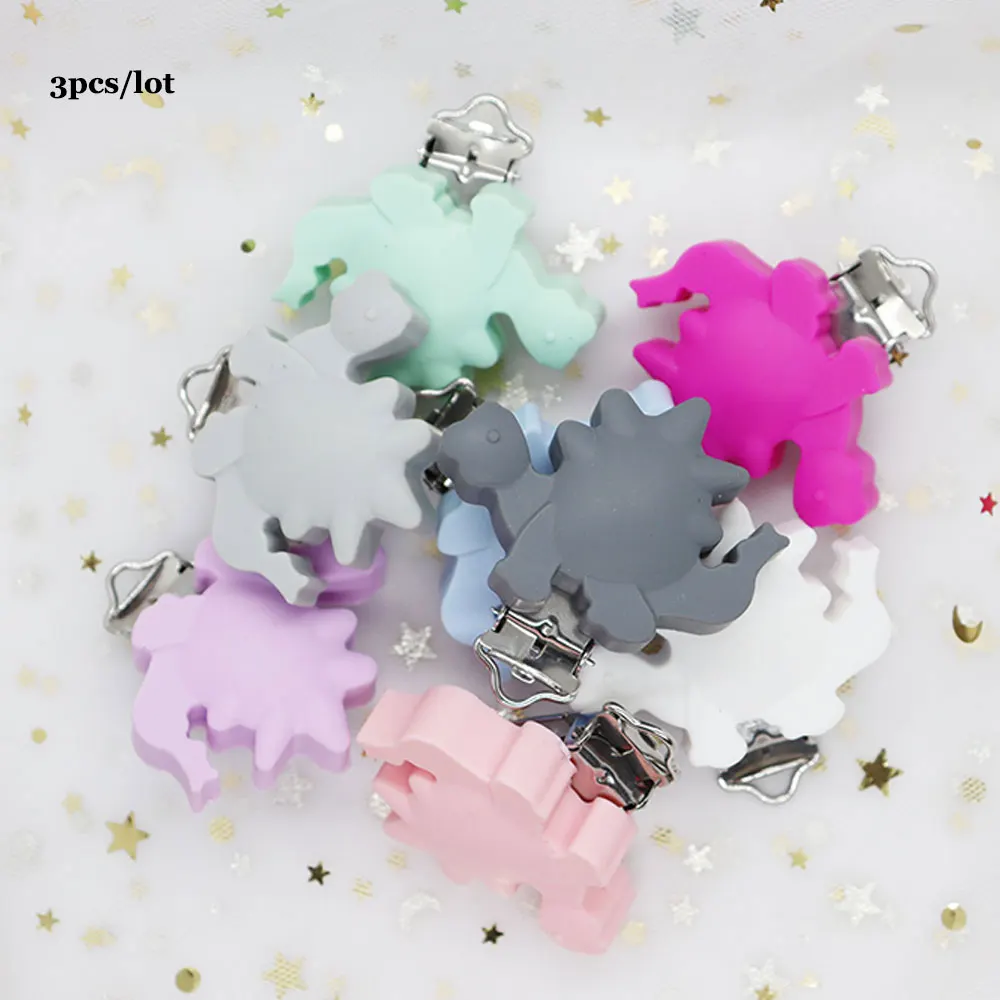 

3Pcs Dinosaur Baby Pacifer Clips Perle Silicone Teether Clip Stainless Dummy Chain Nipple Holder Animal Nursing Teething Toys