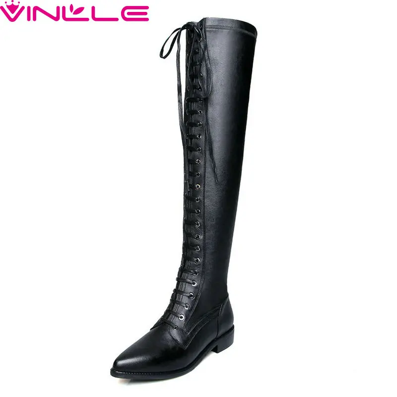 

VINLLE 2019 Fashion Women Boots Basic Pointed Toe All Match Genuine Leather Low Heel Casual Zipper Ladies Shoes Size 35-42