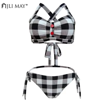 

JLI MAY Sexy Plaid Bikini Two Piece Sweet Swimwear Dandage Button Women Backless Deep V-Neck Slim Strap Swimsuit Plus Size