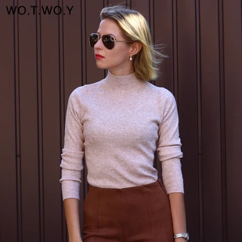 

WOTWOY Autumn Winter Solid Cashmere Sweater Women Knitted Long Sleeve Turtleneck Sweaters Women Slim Fit Basic Pullovers 2020
