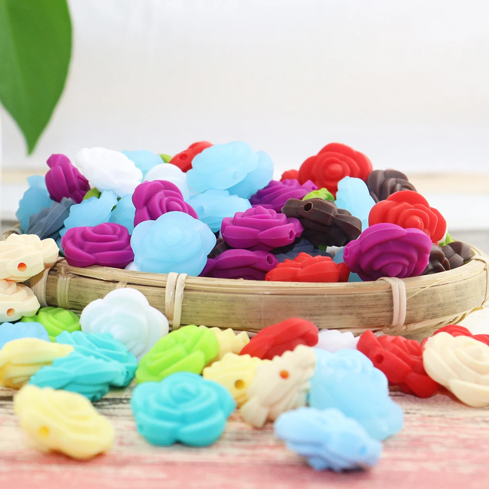 

20 pcs Silicone Rose Flower Beads Teething Charm Teether Baby Shower Toy Teether Toys For Handmake DIY Necklace Bracelet