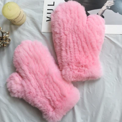 pink Зимние перчатки из натурального меха, женские эластичные вязаные перчатки ручной работы, настоящий мех кролика, перчатки для улицы из натурального меха кролика - Цвет: pink