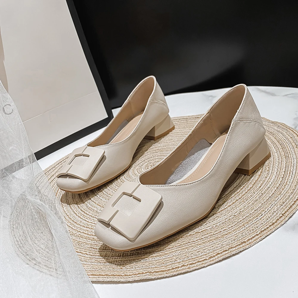 FamtiYaa Genuine Leather Woman Shoes Medium Heel Ladies Women's Shoes Heels Comfort Women Pumps Online Sale Black