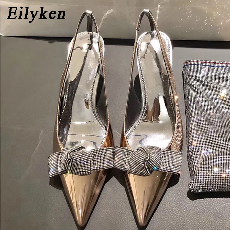 EilyKen/высококачественные туфли-лодочки из лакированной кожи цвета шампанского; модные стразы с бантом; женские туфли с острым носком и ремешком на пятке; модельные туфли на шпильках