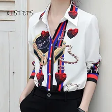 

Elegant Designer Chiffon Blouses Shirts For Women 2021 Fashion OL Style Tops Geometric Clothes Ladies Turn-down Collar Shirts