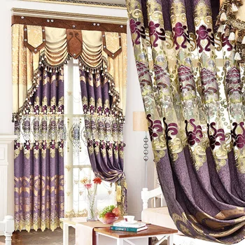 

Custom curtains High-grade thick chenille luxury European embroidery purple cloth blackout curtain tulle valance drape