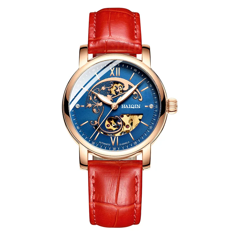 Red Gold Blue HAIQIN автоматические женские часы лучший бренд класса люкс Женские Механические женские наручные часы кожаные водонепроницаемые часы Relogio Feminino - Цвет: Red Gold Blue