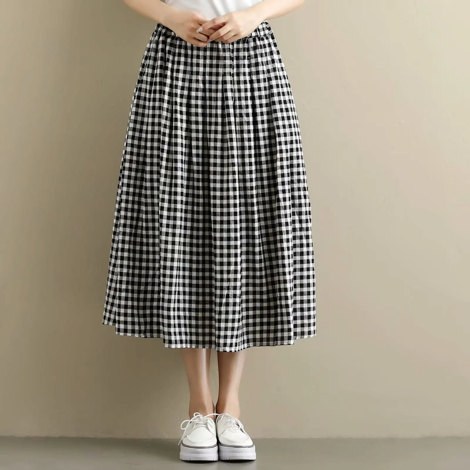 

Artistic Cotton Cloth Skirt Women's Elastic Waist Mid-length A- line Skirt Slimming Plaid Skirt Autumn S28384