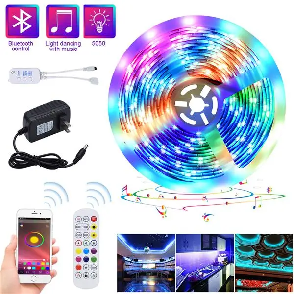 

5M LED RGB Strips Tape Light 150 LEDs SMD5050 Waterproof Music Sync Color Changing + Bluetooth Controller + 24Key Remote Control