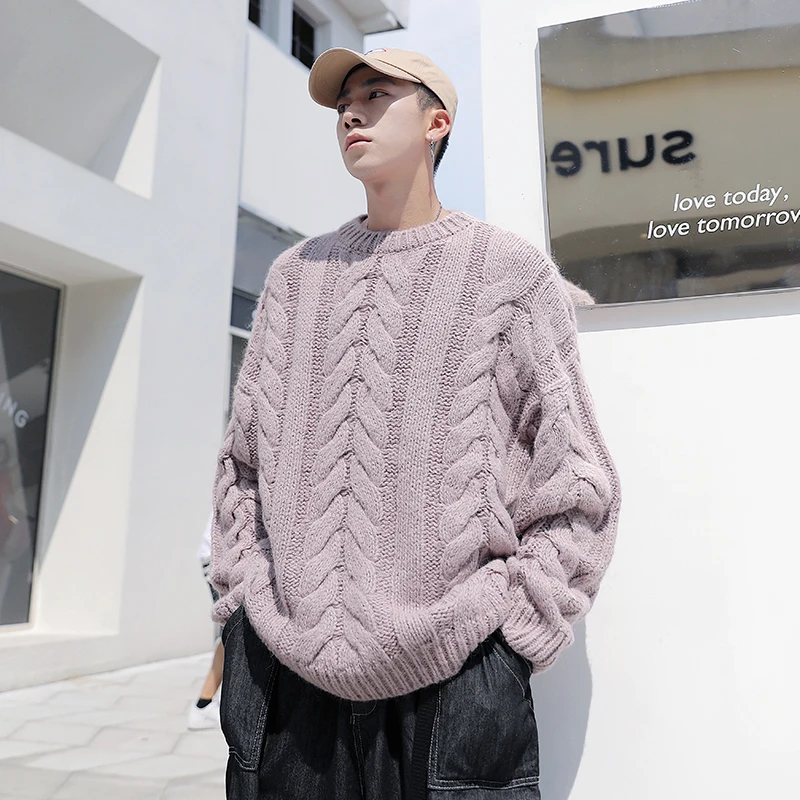 Winter Sweater Men Warm Fashion Solid Color Casual Knit Sweter Men Streetwear Wild Loose Long-sleeved Pullover Man Clothes