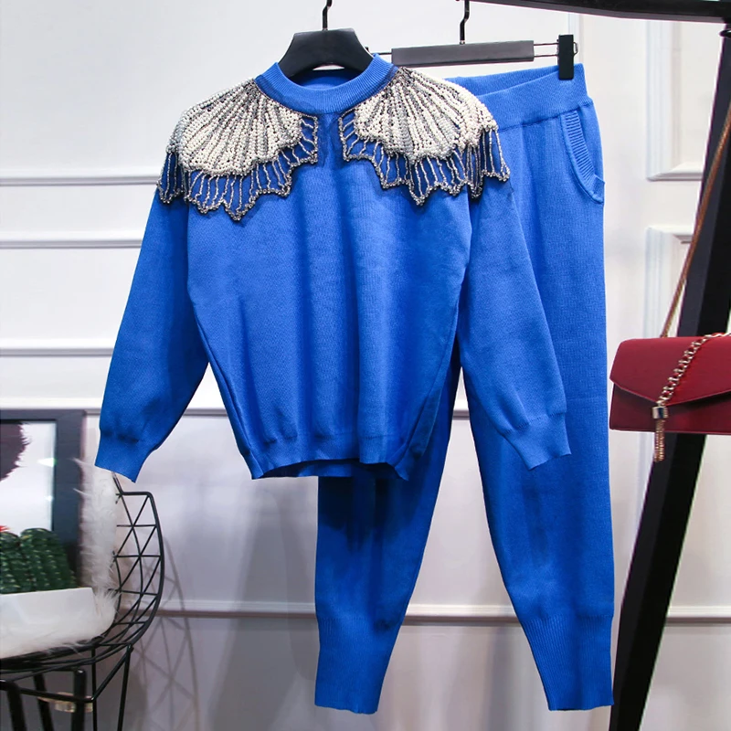 Высокий уличный стильный Подиум костюм комплект Женский потрясающий бисерный свитер вязанные брюки набор