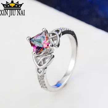 

Square Seven rainbow Topaz Crystal Zircon 925 jewelry Silver Ring For Women Fashion Jewelry Shiny Finger Engagement Prom Ring