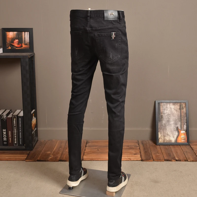 Jeans Peacock Embroidery Distressed Black Denim Men Fashion Stretch Straight Slim Fit Pants