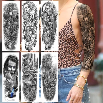 

Full Arm Black Warrior Temporary Tattoos Sticker Fake Washable Gods Death Skull Wolf Flower Tatoos For Adult Body Art Decoration
