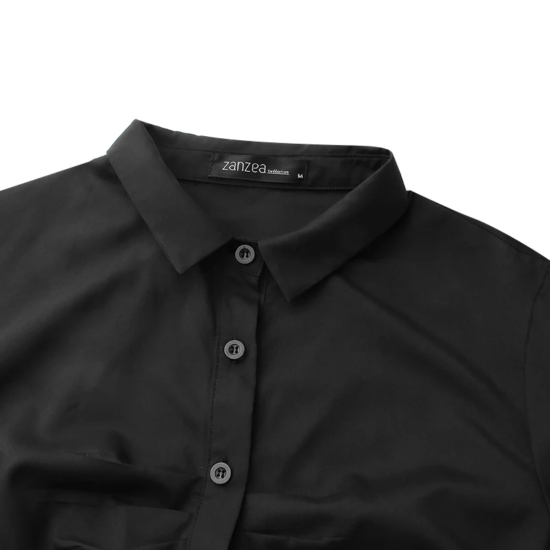 M 5XL, ZANZEA, весенние однотонные рубашки, модные, с отворотом, вечерние, с оборками, асимметричная туника, топы, для женщин, повседневная, с длинным рукавом, с буфами, блузка для женщин