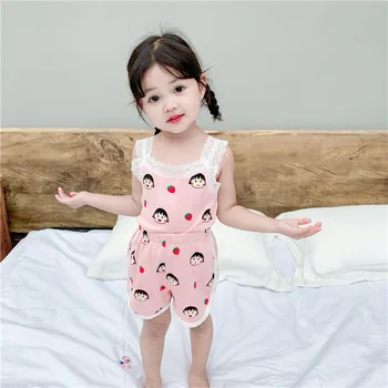 

Children's home clothes Summer Cotton 2020 Korean girls' small balls strawberry printed lace Pajama Set 1-8