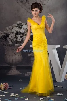 

new design hot seller v-neck long formal gown cap sleeve real photo custom size mermaid gold evening mother of the bride dress