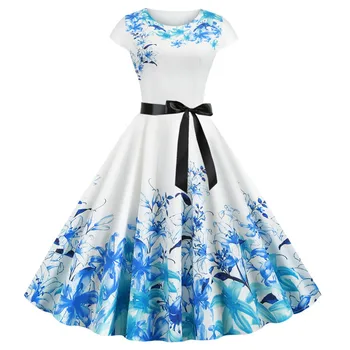 

Women Vintage a Line Summer Dress Floral Print Fashion Women's Elegant Midi Dress Robe Short Sleeve O Neck Knee Length Butterfly