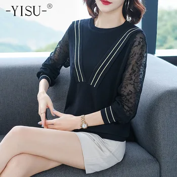 

YISU Fashion pullover Women Spring Autumn O-neck Hollow Long Sleeve Breathable Casual Tops stripe Lace Knit stitching Sweater