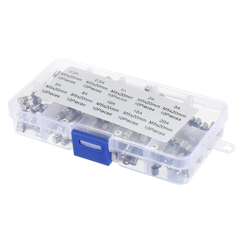 

Hot 100pcs 5*20mm Fast Blow Glass Tubes Fuses Assorted Kit with Case 250V Amp 0.2A,0.5A,1A,2A,3A,5A,8A,10A,15A,20A
