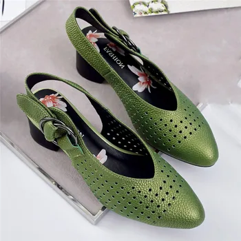 

Fashion Genuine Cow Leather Block Heel Slingback Women Pumps Buck Strap Elegant Wedding Office Lady Party Sexy Shoes 40 41 42