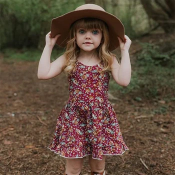 

New Fashion Baby Girls Dress Lace Up Back Dress Cute Dress Swing Dress Floral Print Dress