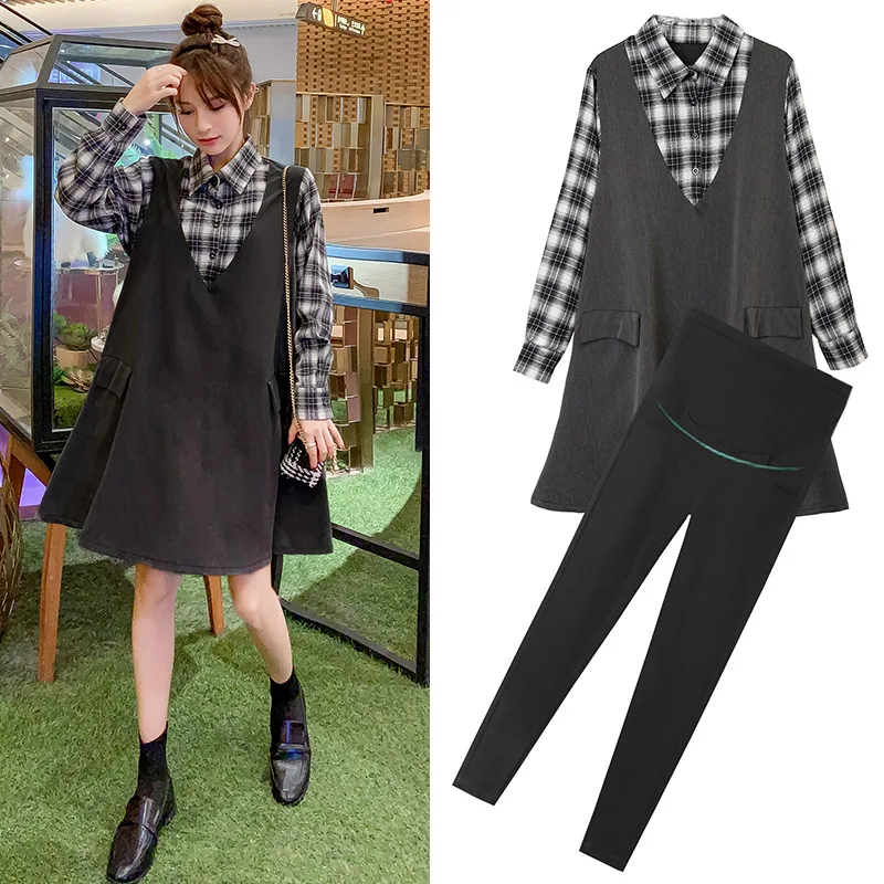 

Maternity Clothes 2019 Plaid Stitching Loose And Plus-sized A- line Tops Dress Pregnant Women Spring And Autumn Set