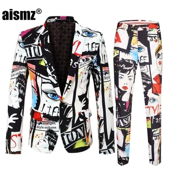 

Aismz Brand Tide Mens Fashion Print 2 Pieces Set Casual Suits Plus Size Hip Hot Male Slim Fit Suit Men Singer Wedding Costume