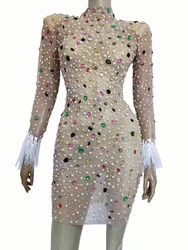 Luxury Multi Color Rhinestones Beads Mesh Mini Dress Women Sexy Birthday Prom Crystals Transparent Dresses Singer Stage Costume