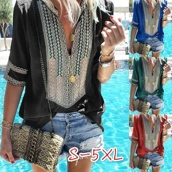 

Chiffon Women T-shirt Tops Big Size 5XL Female Cotton Loose 2020 Summer New Women's Ethnic Style Striped V-neck Ladies Casual