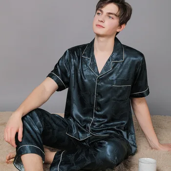

2020 Men Sleepwear Stain Silk Pajama Suit Spring Summer Jacquard Short Sleeve Large Size Pijama Pyjama Set Male Home Clothing