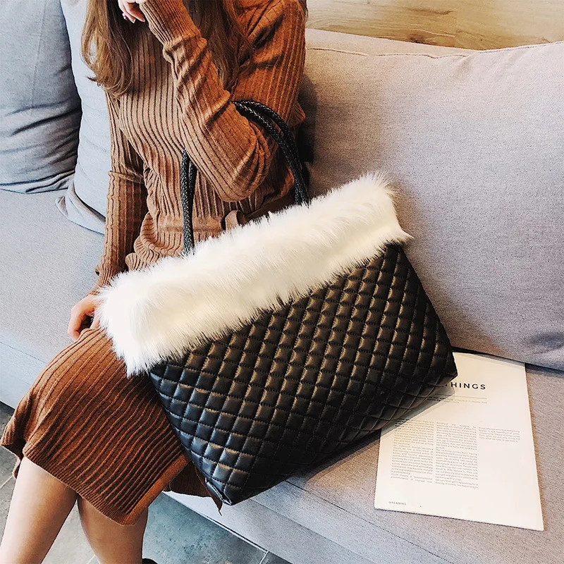 

Mododiino Thread Handbag Faux Fur Women Bag Large Capacity Women's Tote Purse Diamond Lattice Shoulder Bag Women Handbag DNV1245