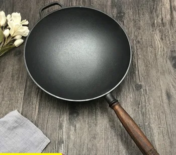 

32cm Rounding Bottom Thick Cast Iron Wok Non-Stick Uncoated Cast Iron Wok Single Handle Pointed Bottom Wok