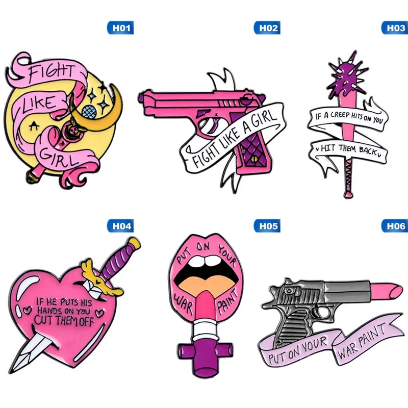 

Enamel Pins Custom Lipstick Gun Magic Wand Brooches Lapel Pin Shirt Bag Pink Badges Feminist Jewelry Gift