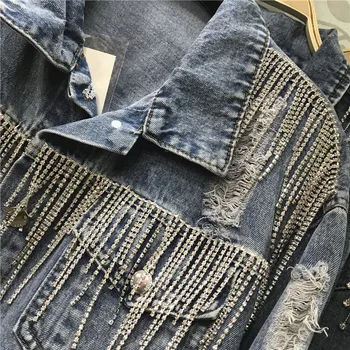 

INS Heavy Beaded Tassel Ripped Denim Jacket Women's Loose-Fit Spring and Autumn 2020 New Hole Jean Jacket Women's Top Chaqueta