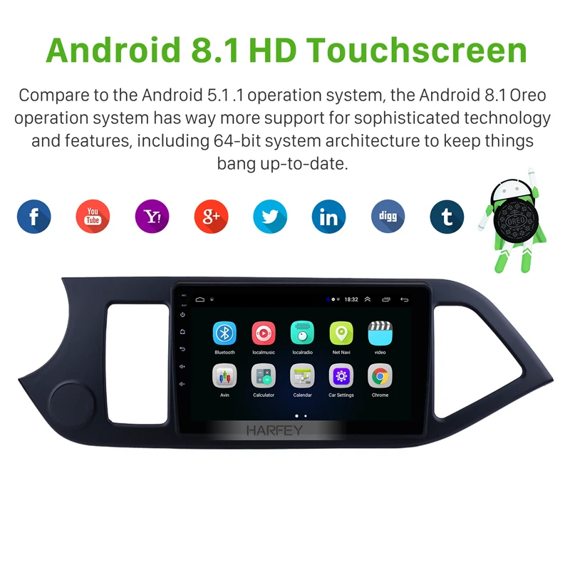Sale Harfey 9" Android 8.1 GPS Car Radio car Multimedia Player For KIA PICANTO Morning 2011 2012 2013 2014 HD 1024*600 Touch Screen 1