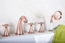 

Antique Red Copper Brass Widespread Three Handles Deck Mounted 5 Holes Bathroom Tub Faucet Mixer Tap With Handshower mtf200