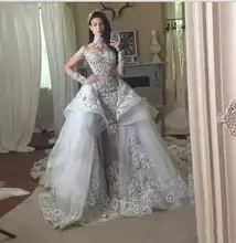 

Luxury High Neck Illusion Long Sleeve Sheer Long Ball Gown Prom Dresses Overskirt Tiered Lace Applique Beaded Vestido de