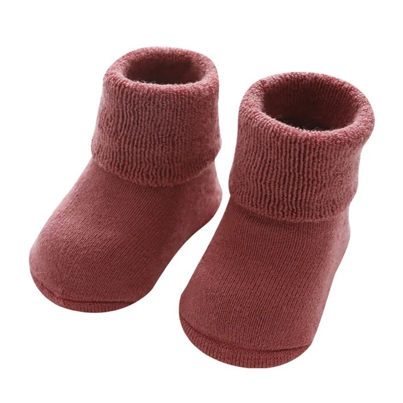Милые однотонные хлопковые носки для малышей, зимние толстые носки для малышей, теплые хлопковые нескользящие носки для новорожденных мальчиков и девочек 0-36 месяцев - Цвет: R