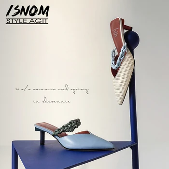 

ISNOM Cow Leather High Heels Women Slippers Pointed Toe Thin Kitten Heels Summer Fashion Outside Slides Ladies Mules Shoes