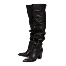 Stylesowner/брендовые дизайнерские пикантные Зимние Сапоги выше колена на высоком каблуке; женские теплые зимние кожаные сапоги с острым носком