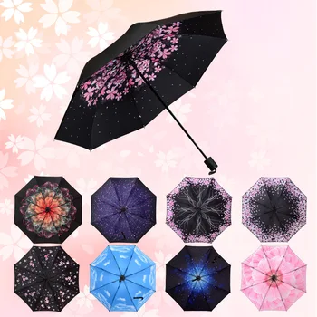 

Creative Women Sunny and rainy Umbrella Three Folding Black Coating Sunscreen UV Reinforced Windproof Strong rain Umbrella