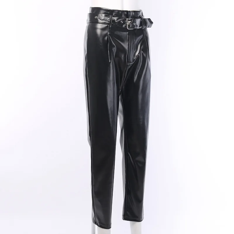 Toplook черные брюки из искусственной кожи с поясом элегантные женские модные повседневные брюки осенние с высокой талией офисные женские винтажные брюки - Цвет: Black