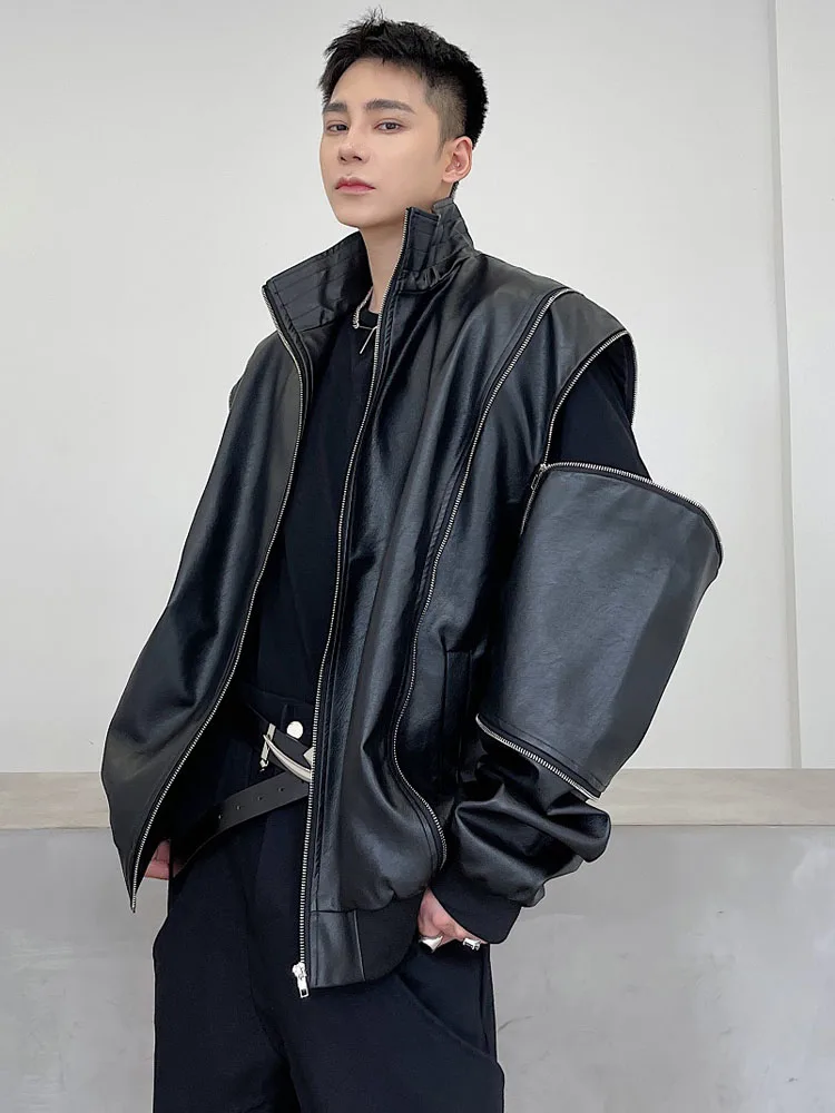 Detachable Zipper Sleeve Leather Vest Motorcycle Jacket Women Man Korean Streetwear Fashion Trend Functional Cargo Coat