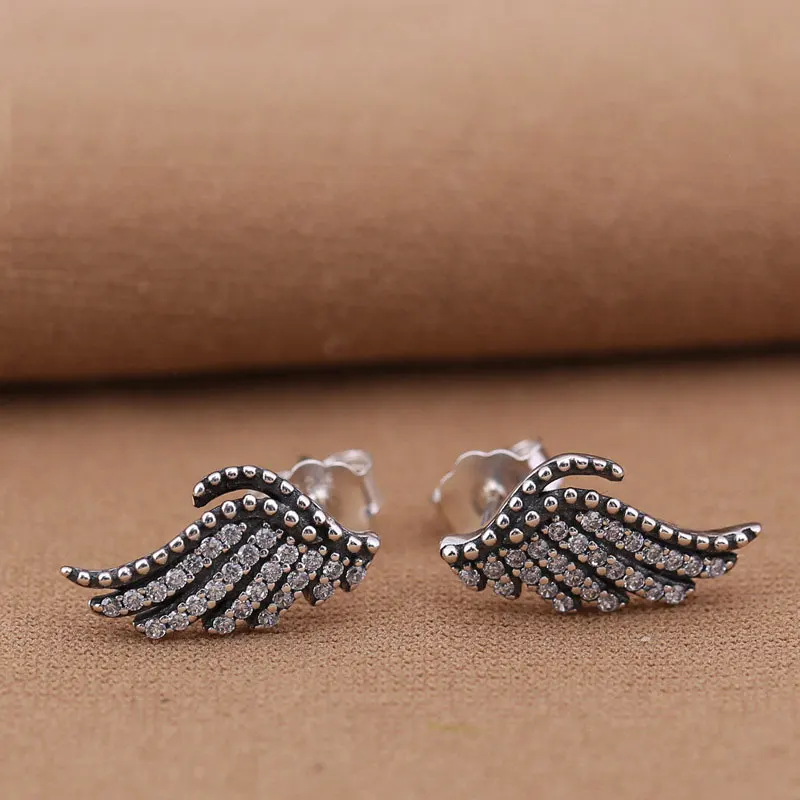 

Authentic 925 Sterling Silver Earring Majestic Feathers Crystal Studs Earrings For Women Wedding Party Gift fit Lady Jewelry