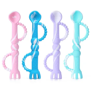 

3 in 1 Silicone Spoon Feeding Fork Baby Teether Safety Tableware Infants Learning SpoonsTeething Utensils Newborn Baby Teethers