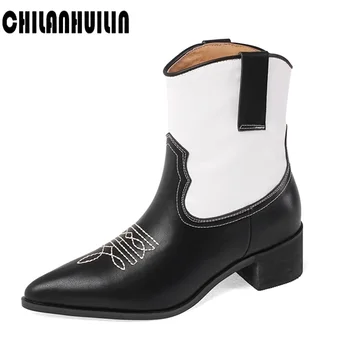 

autumn print microfiber+cow leather western ankle boots for women black white shoes block heel pointed toe cow-boy boots woman